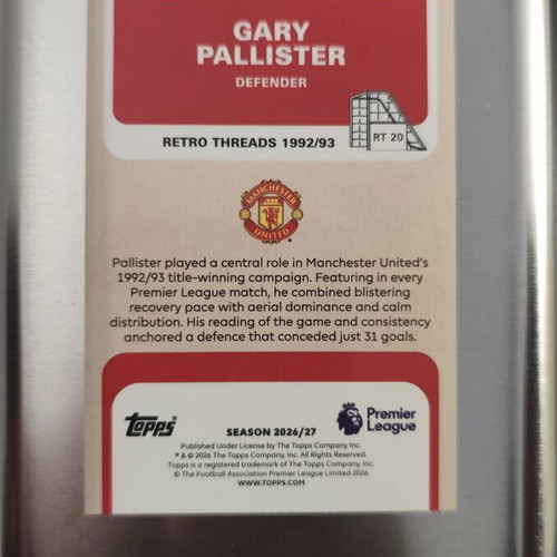 Topps Premier League Retro Threads Gary Pallister card 2026/2027