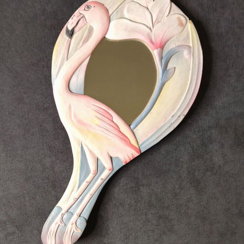 Vintage wooden hand mirror "Flamingo" like new, handmade