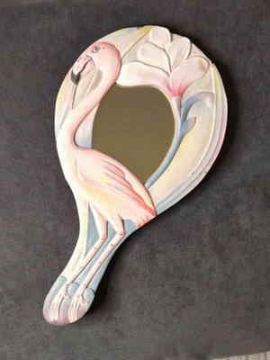 Vintage wooden hand mirror "Flamingo" like new, handmade