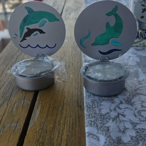Set of 2 metal tealight holders with dolphin stained glass design