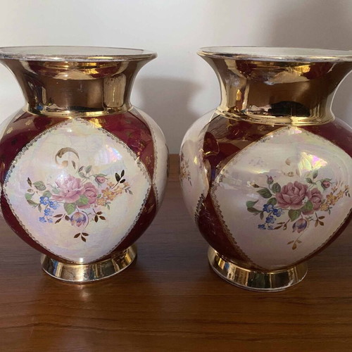 Set of 2 vintage porcelain vases used, handpainted with gold details