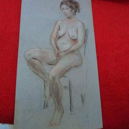 Nude dry pastel signed on cardboard 1982 used 50x25cm