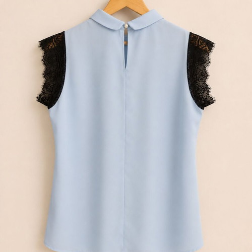 DejaVu blue blouse with black lace, size M, like new