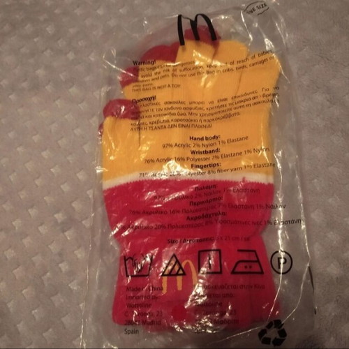Mc Donald collectible hand gloves new, red and yellow
