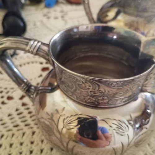 Antique silver plated teapot, sugar bowl and creamer like new