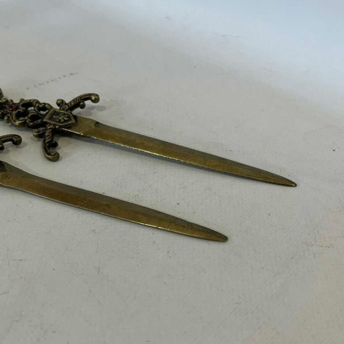 Set of 2 vintage letter openers medieval style with ornate handles 19cm used