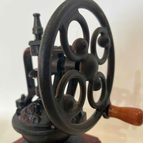 Vintage manual coffee grinder used, porcelain, wood base, cast iron