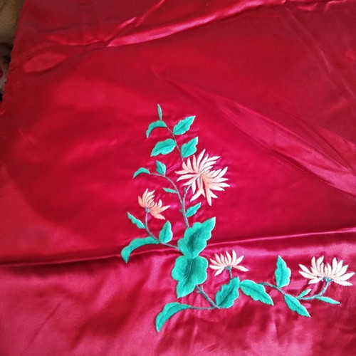 Bed cover used in red with multicolor embroidery and pillowcases