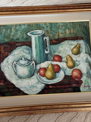 Oil painting with jug and fruits with carved frame new 43x53cm