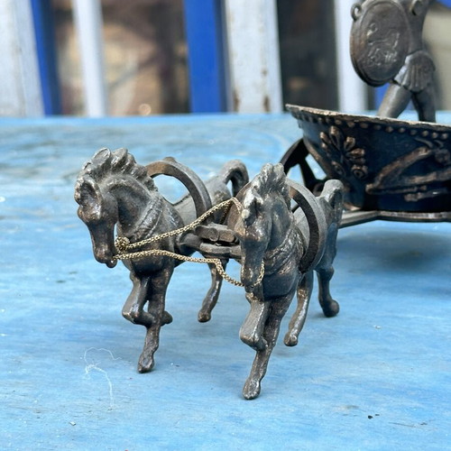 Ancient Greek decorative chariot with warrior and horses, 19 cm