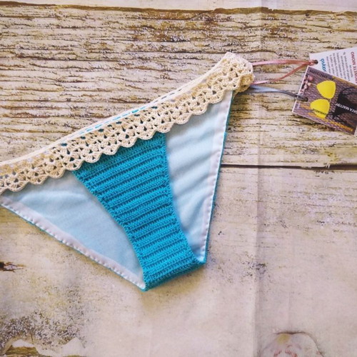 Handmade knitted swimsuit new, size M/L, beige and turquoise