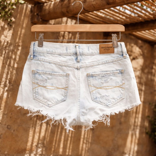 Abercrombie & Fitch distressed denim shorts used, light wash, size 26