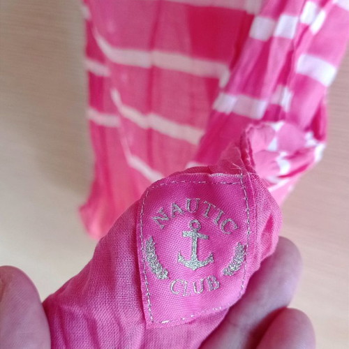 Long cotton striped scarf used, 180x30 cm, crinkled pink white