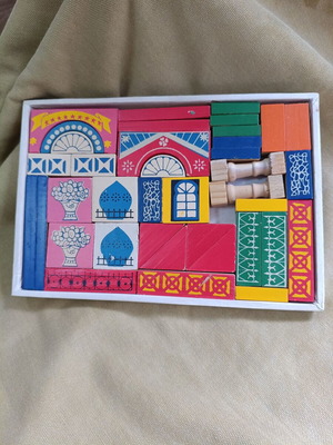 Vintage Wooden Building Blocks Castle set used, 38 pieces