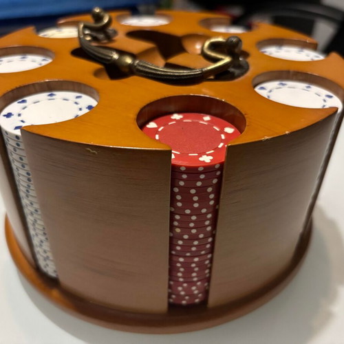Wooden rotating case with chips like new