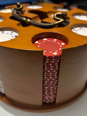 Wooden rotating case with chips like new