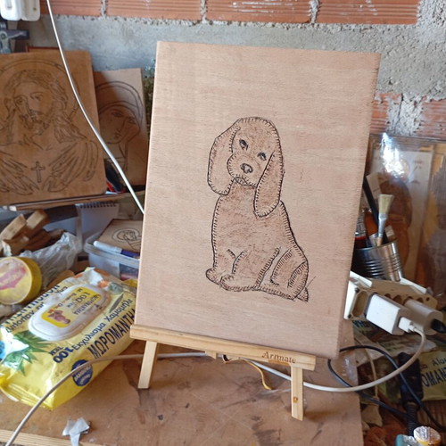 Handmade pyrography on wood, A4 size, dog design