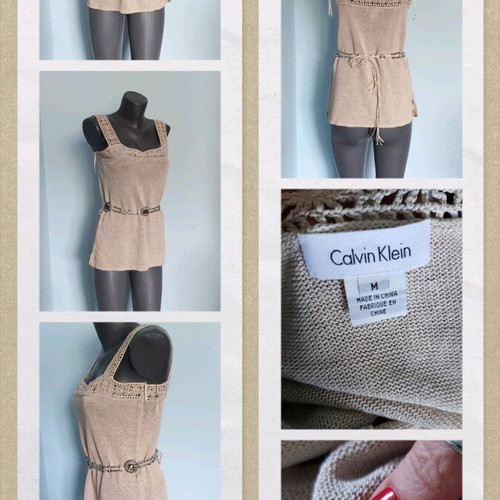 Calvin Klein tunic used with hand-knitted lace and wooden beads