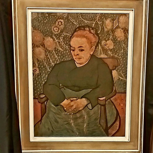 Canvas painting copy portrait of Paul Gauguin used with vintage wooden frame 70s