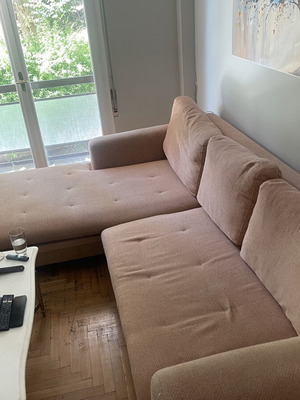 Corner sofa with recliner used, modern nude pink-beige