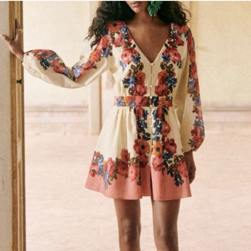 Sézane mini dress like new, linen, beige and pink, size S