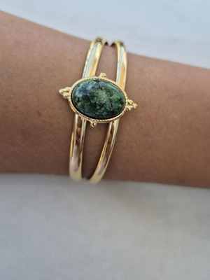 Cuff Bracelet with Green Oval Stone in Gold Tone, New