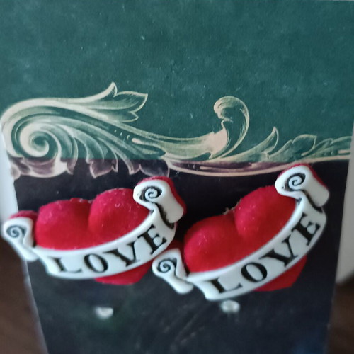 Rockabilly stud earrings with red velour heart and plastic Love like new