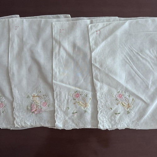 Set of 5 white square napkins with pink butterfly embroidery, new