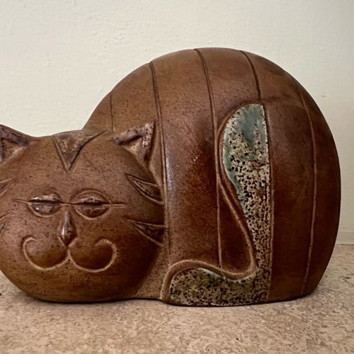 Vintage ceramic cat piggy bank used, Mid-Century Modern