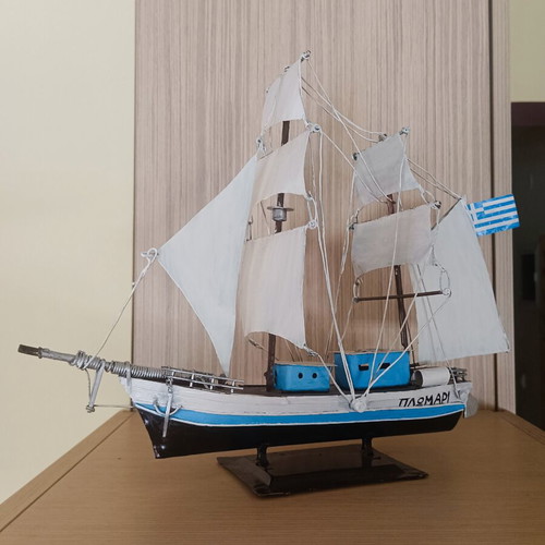 Handmade metal ship model "Plomari" with Greek flag, sailing brig