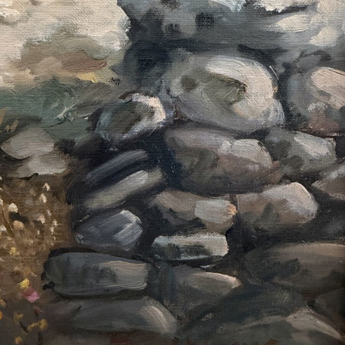 Oil painting by Antonios Voumbakis used, traditional Aegean house