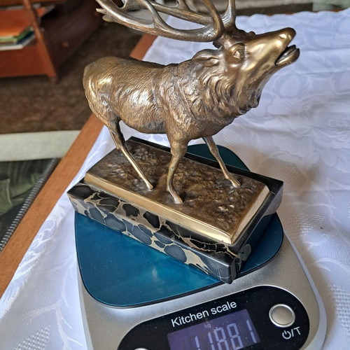Bronze deer on marble base, late 20th century Germany