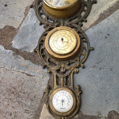 Barometer Hygrometer Thermometer Clock vintage used, brass hanging weather station
