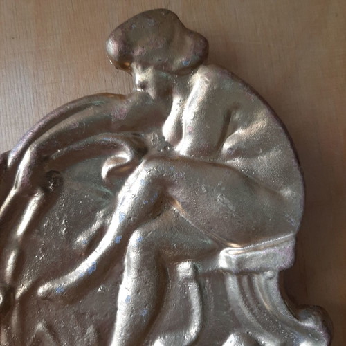 Art Nouveau metal ashtray used, vintage decorative plate