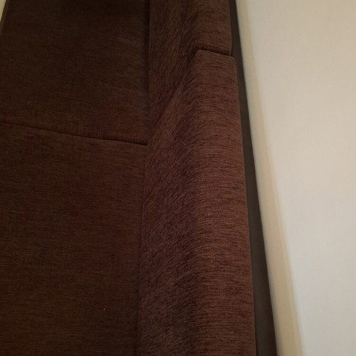 Three-seater sofa like new, genuine leather and fabric, walnut wood frame