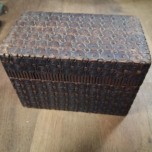 Wooden carved box for playing cards used, old beautiful