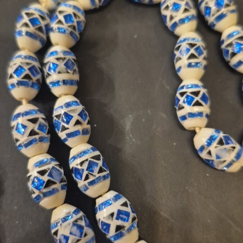 Komboloi new, bone, ebony and blue acrylic beads, 29 beads