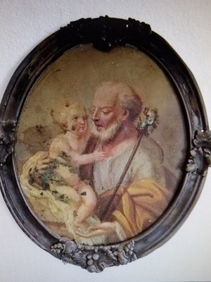Handmade plaque Saint Joseph with Christ used, antique metal
