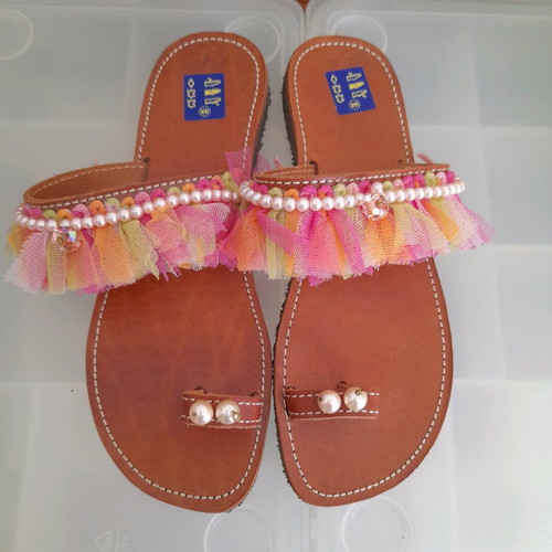 Leather sandals size 38 new with pearls and tulle