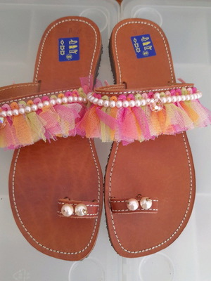 Leather sandals size 38 new with pearls and tulle