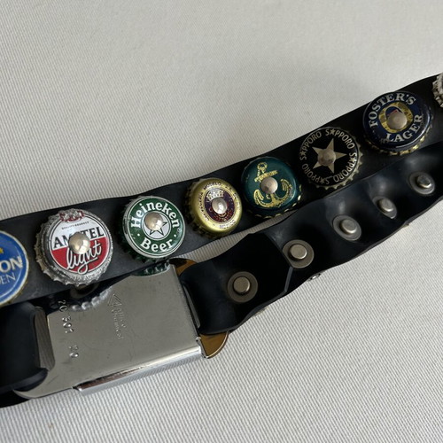 Vintage belt with beer caps used, black, size 70-75 cm