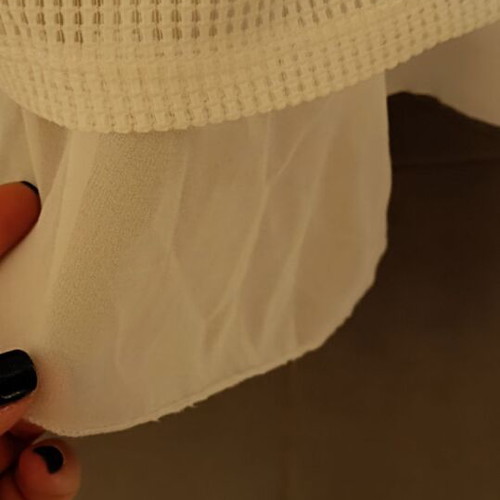White t-shirt 3/4 sleeve with see through hem used, one size S/M