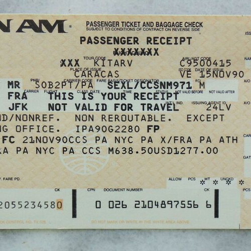 Pan Am collectible two-leaf ticket 1990 Caracas to New York to Athens