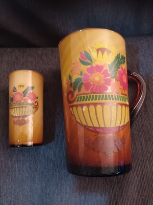 Glass pitcher and glass set hand-painted used