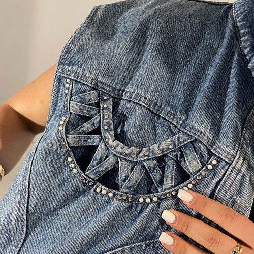 Vintage Bianca Maria Caselli denim vest crop with rhinestones pearls, like new, L