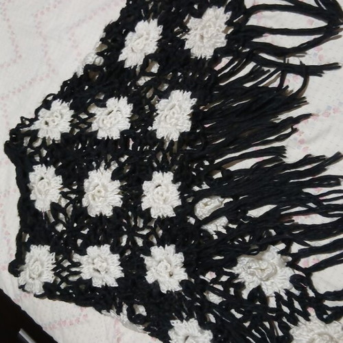 Hand Crochet Poncho with Fringes and White Flowers, Shu Shu