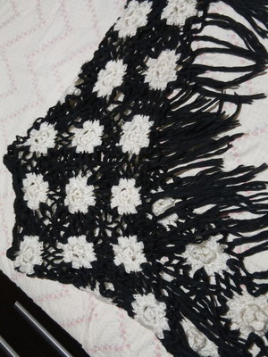 Hand Crochet Poncho with Fringes and White Flowers, Shu Shu