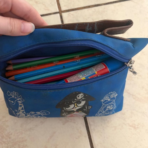 Blue school pencil case with markers and colored pencils