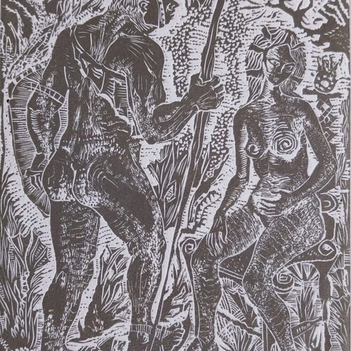 Linocut Samson and Delilah new religious artwork