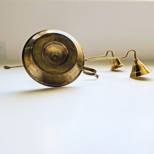Brass candlestick set and 2 candle snuffers like new